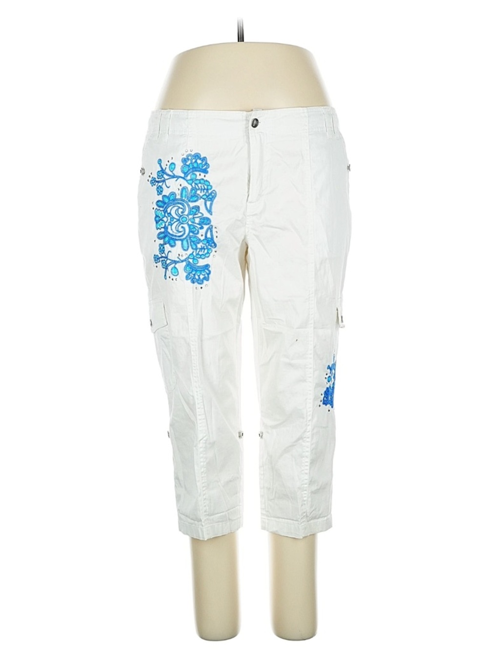 Ashro White Cropped Pants with Blue Floral Embroidery